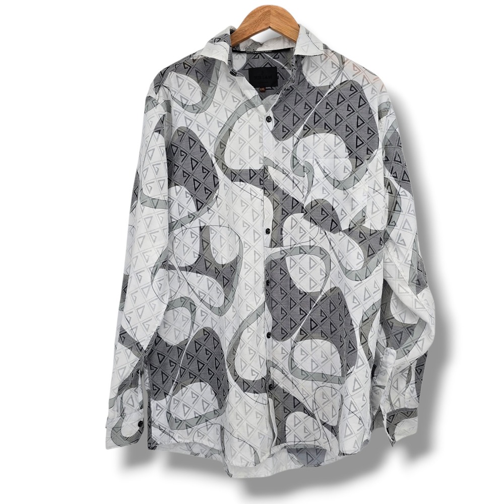 Julian Mens XXL Geometric Abstract Print Button Down Shirt White Grey Black Long